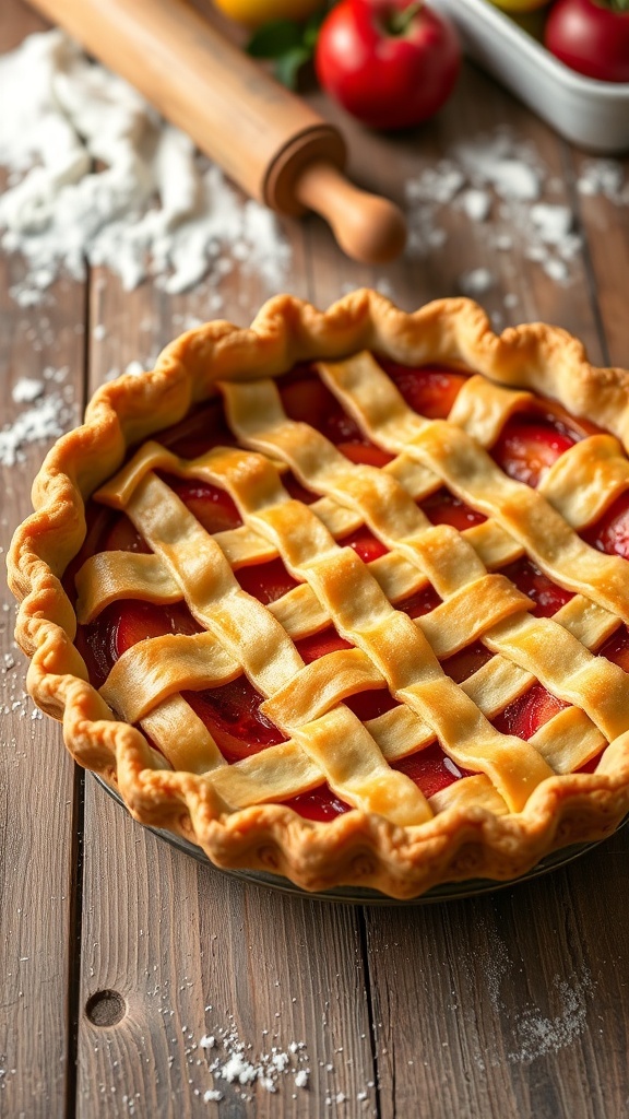 A golden flaky pie with a lattice crust filled with fruit, surrounded by baking tools and fresh ingredients.
